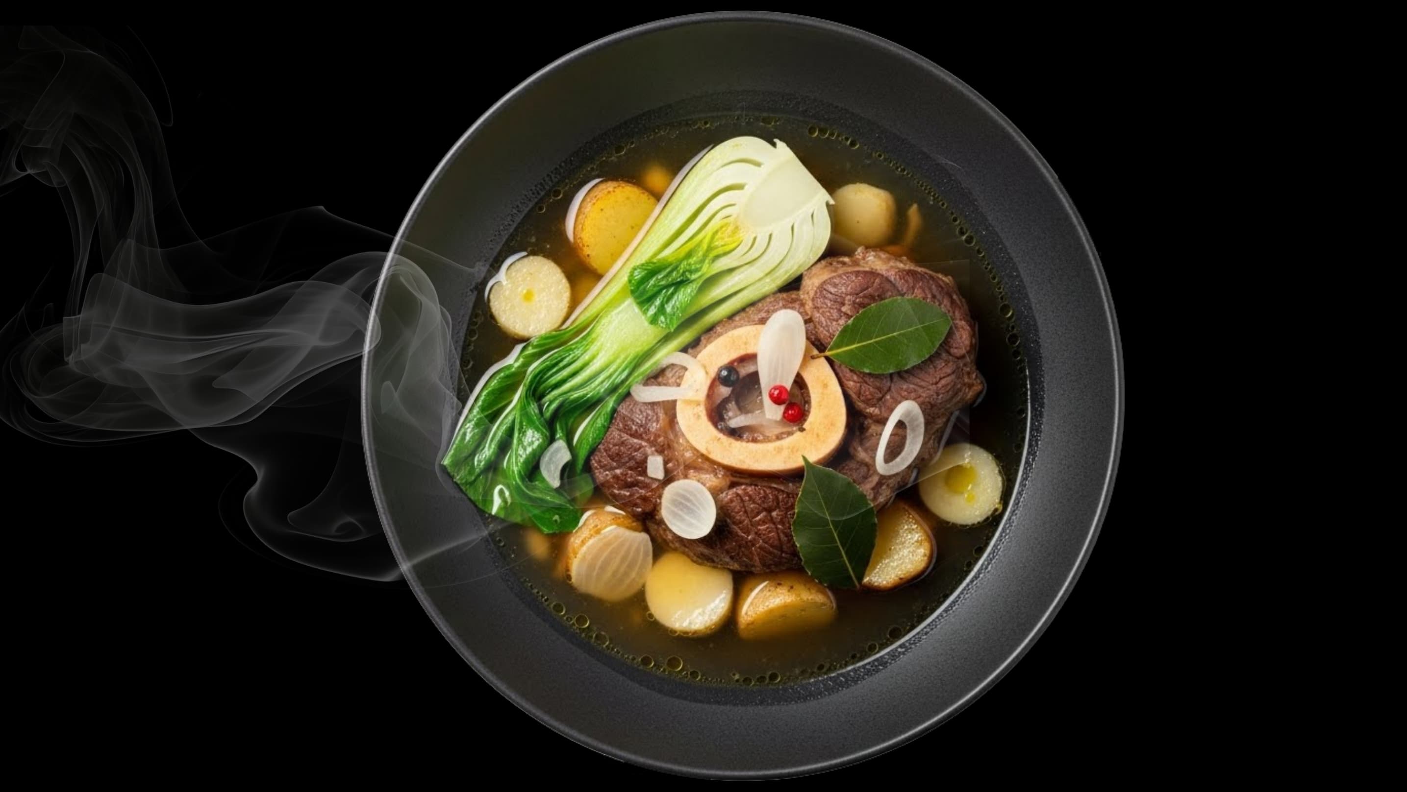 Braised beef shank soup with bok choy, bone marrow, and aromatic broth