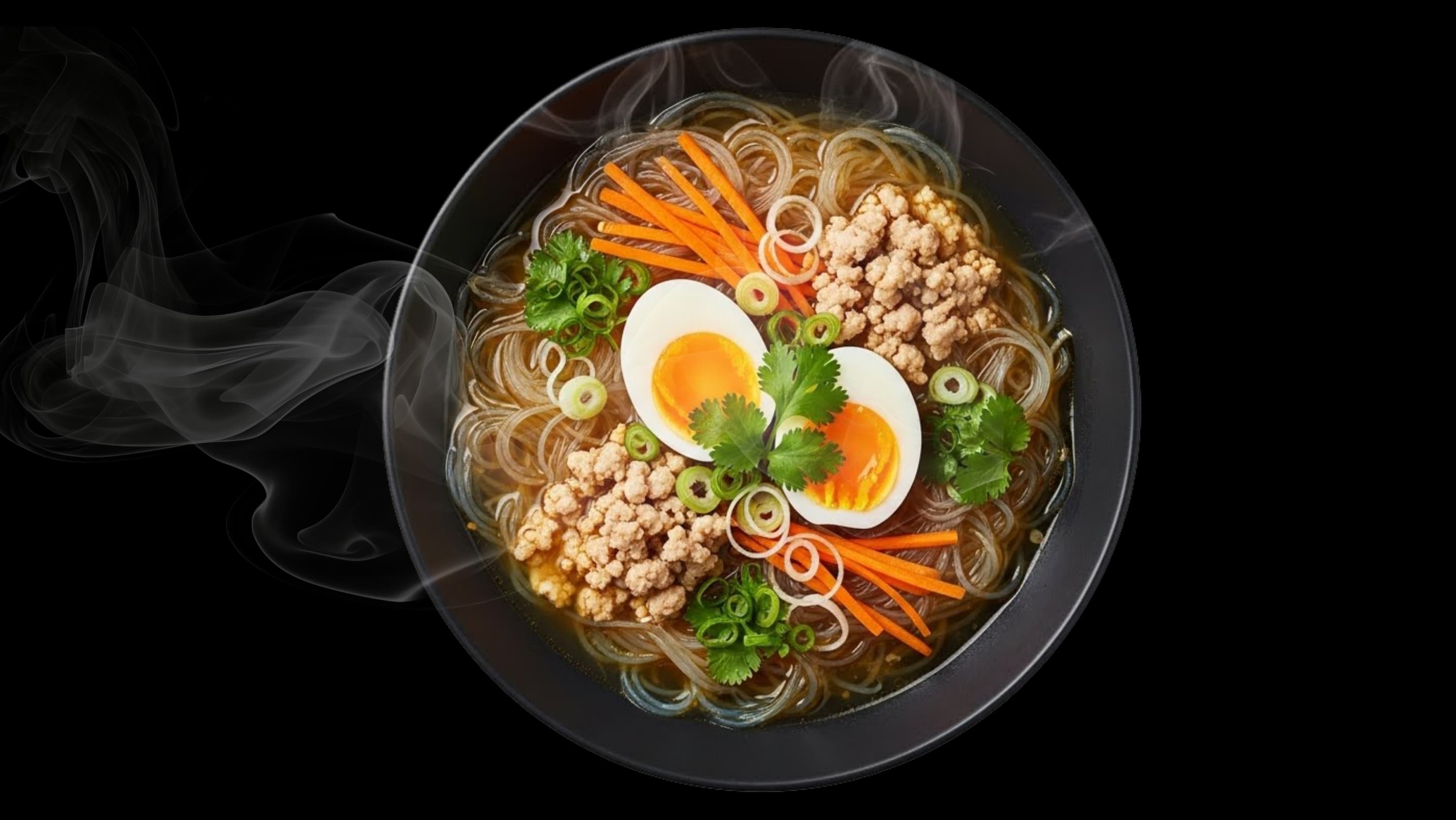 Sotanghon soup with soft-boiled egg, ground pork, carrots, and fresh cilantro